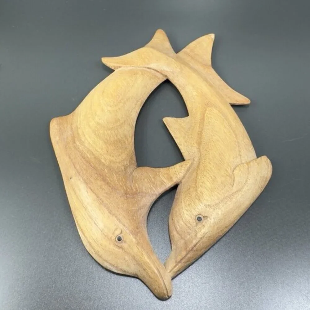 Vintage‎ Hand Carved Wood Dolphins Swimming Wall Art Wall Hanging Figurine Decor